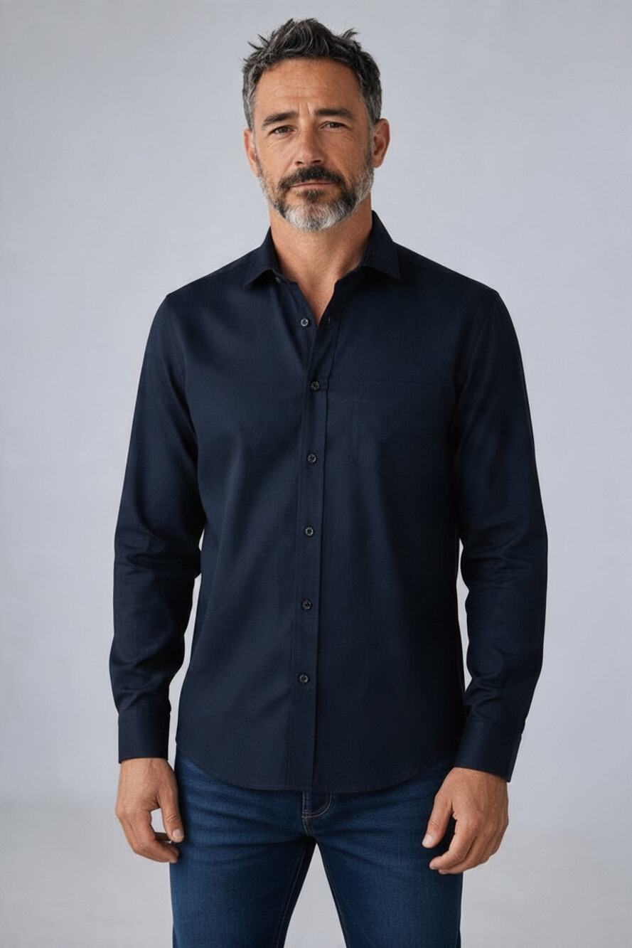 REISS Zetter Melange Long Sleeve Shirt Size L NEW Navy Blue $160 Button Front
